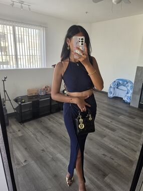 Navy Ribbed Halter Crop Top & Skirt Set